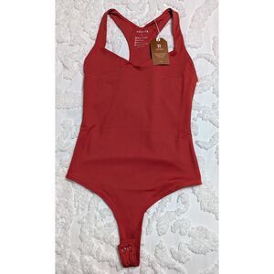 REORIA Womens V Neck Bodysuit Sexy Racer Back Double Lined Rusty Red Size S